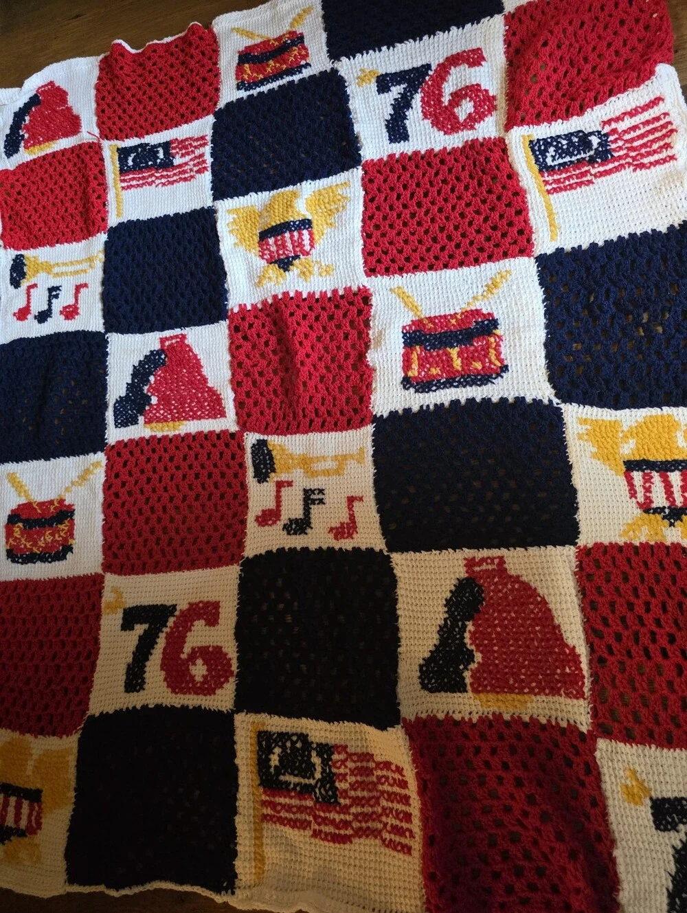 Bicentenial Patriotic Handmade Crochet Throw - Red, Navy, White, Yellow
